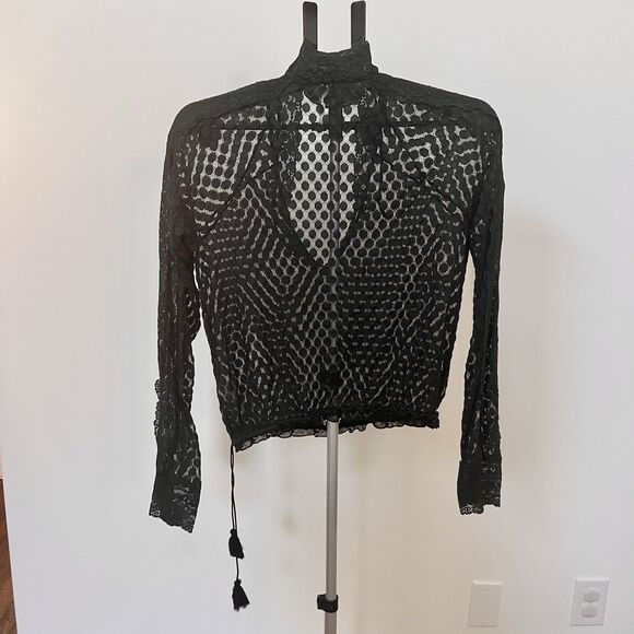 Free People Women’s Size Medium Polka Dot Sheer Veronica Top Black Lace V-neck - Picture 3 of 9